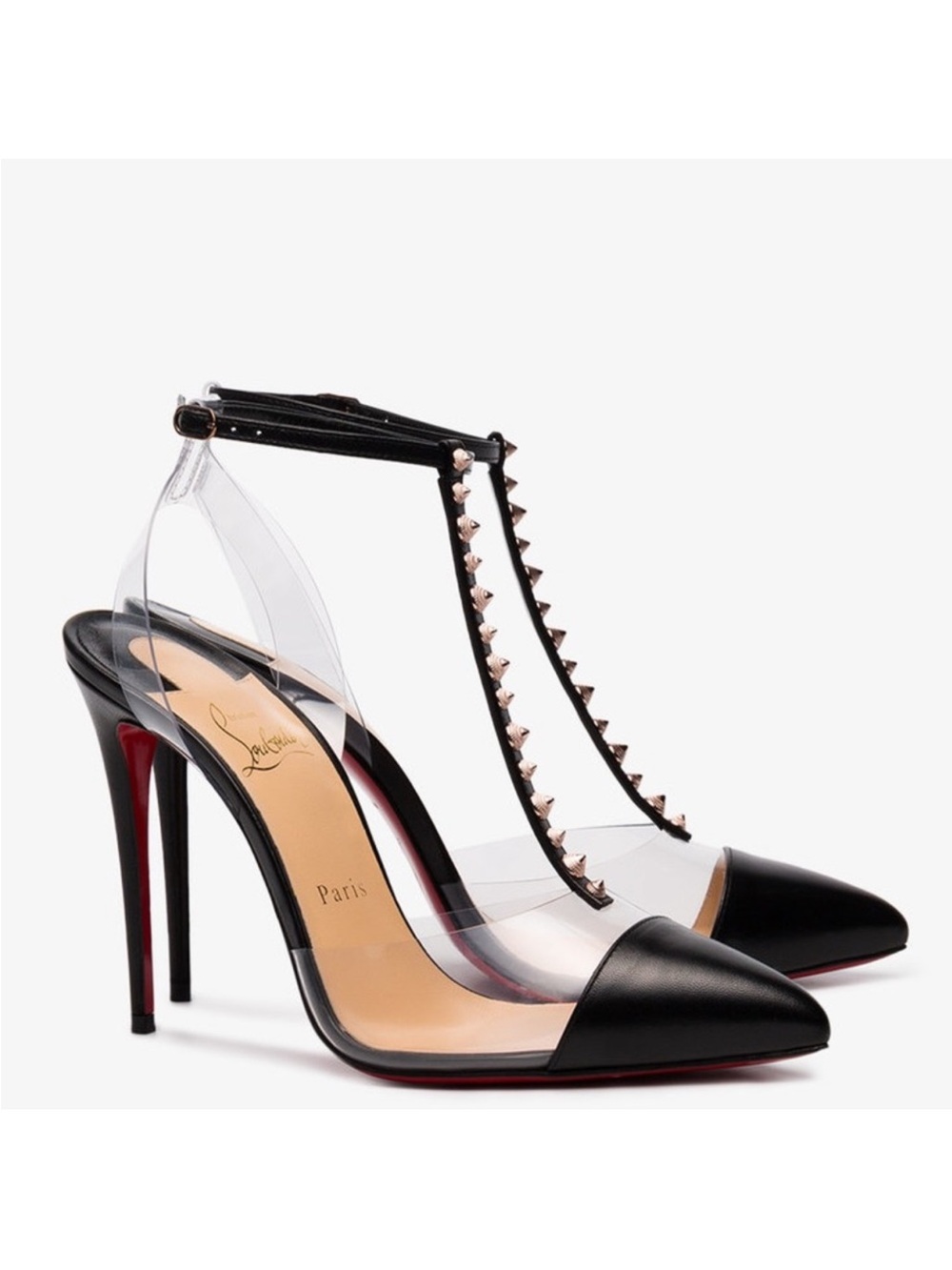 Christian Louboutin Black and Nude T-Strap Pointed Toe Pumps - Picture 2 of 10